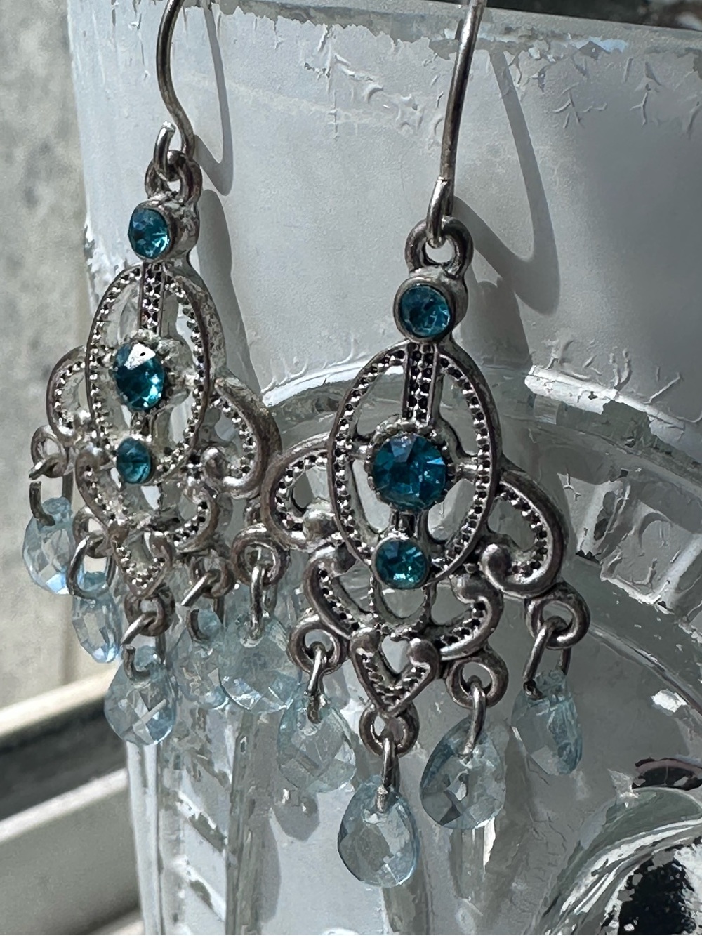 Blue Crystal Filigree Dangle Earrings - Unbranded